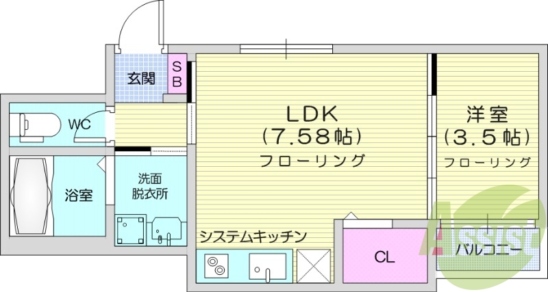 1LDK、エアコン、ネット使用料無料、システムキッチン