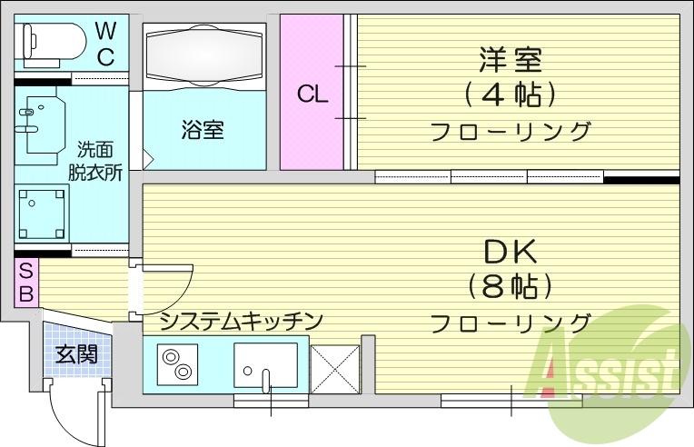 1LDK、エアコン、システムキッチン、ネット使用料無料