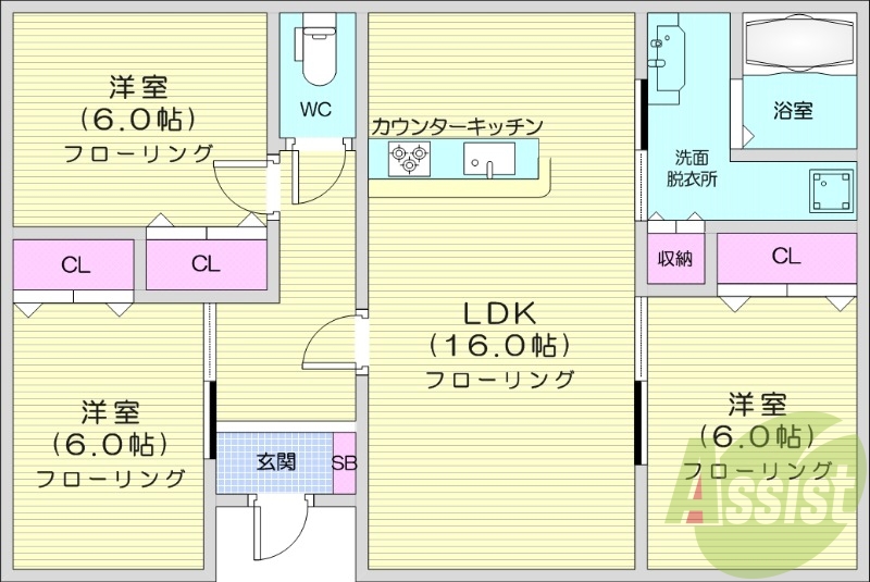 ３LDK、独立洗面台、エアコン、物置、収納