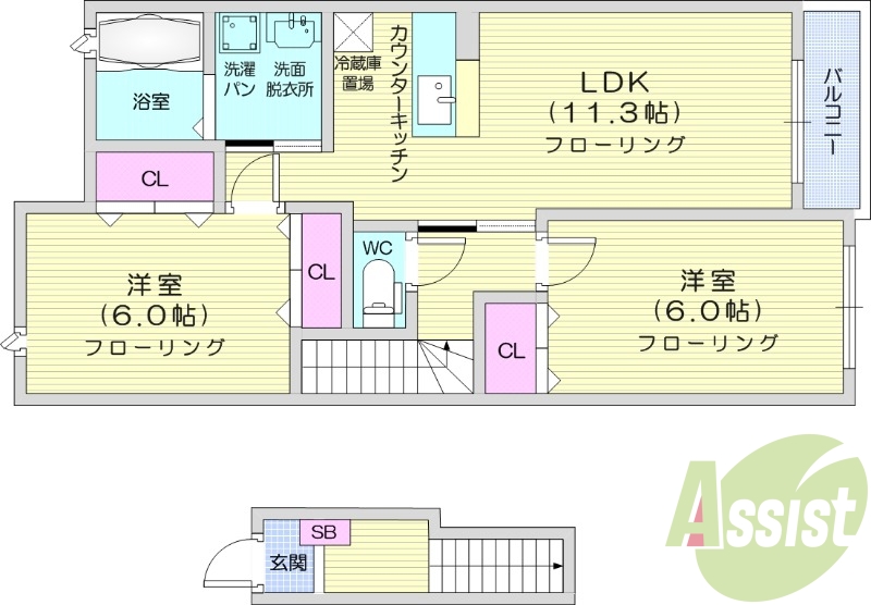 2LDK、南向き、独立洗面台、浴室乾燥、バストイレ別