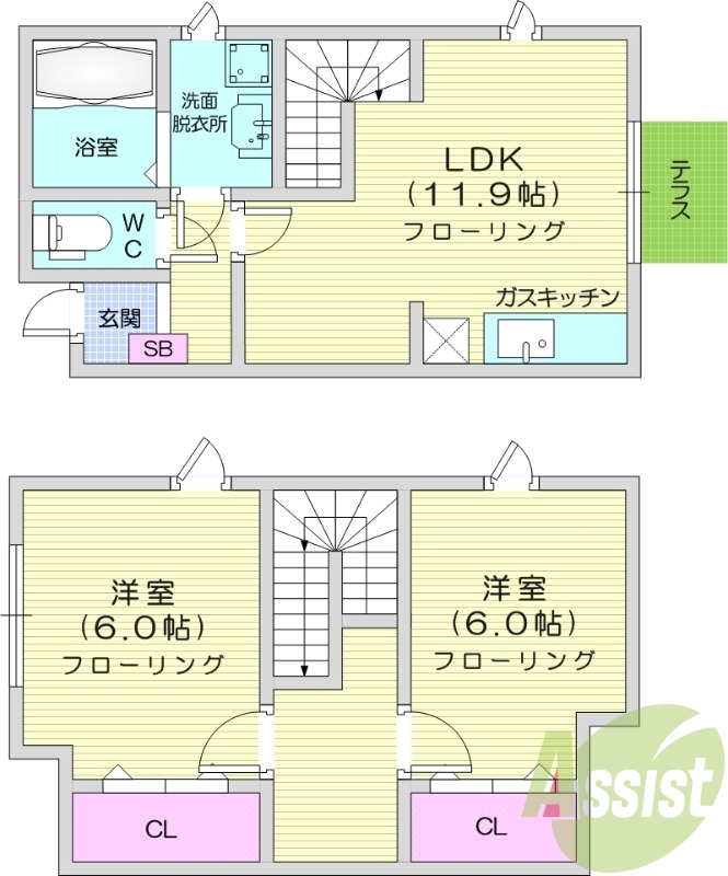 2LDK、メゾネット、追い焚き給湯、テラス、モニターホン