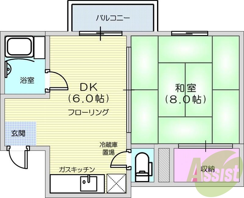 1DK、給湯、エアコン、バストイレ別、バルコニー、都市ガス