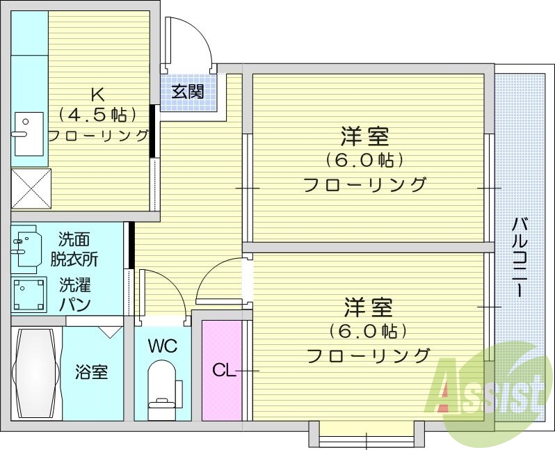 ２ＤＫ、独立洗面、脱衣場、セパレート、エアコン、バルコニー