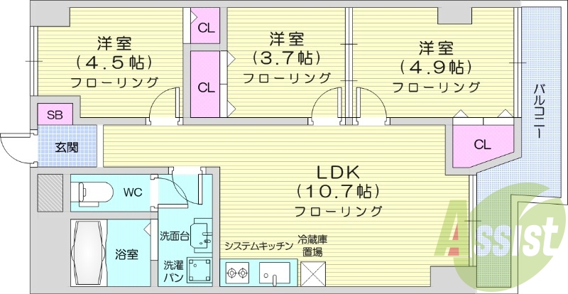 3LDK、独立洗面台、ネット無料、バストイレ別