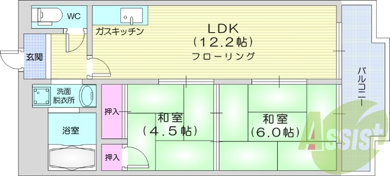 2LDK、都市ガス、エレベーター、ＢＴ別、エアコン、