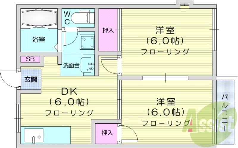 2DK、エアコン、バストイレ別、追い焚き、