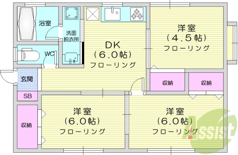 3DK、独立洗面台、システムキッチン　　　