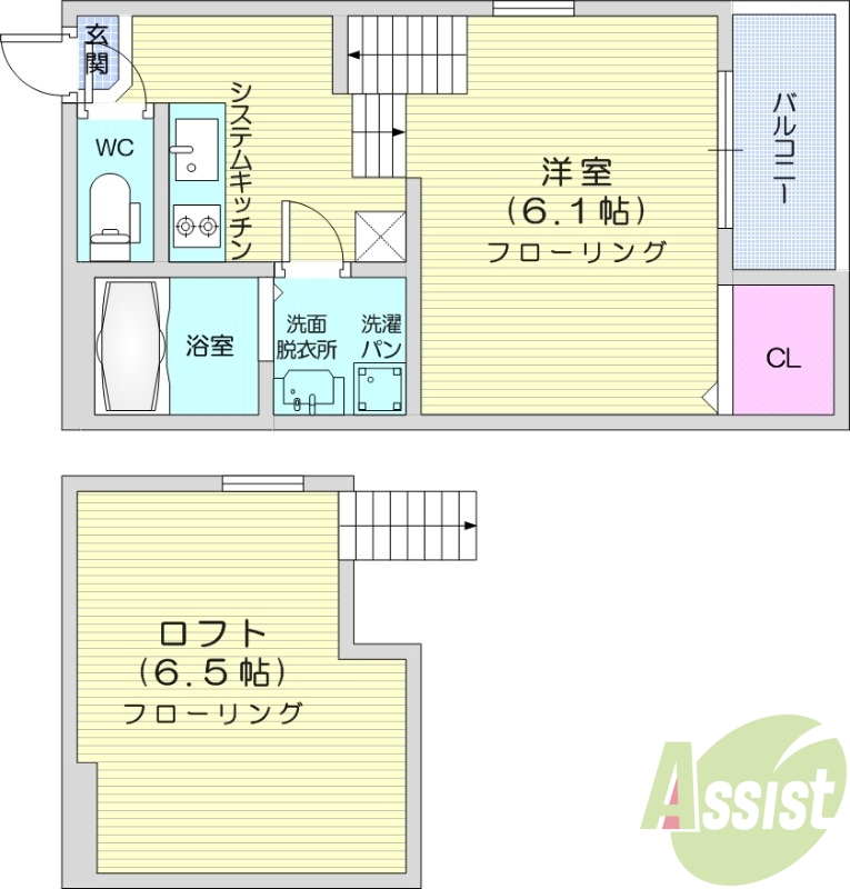 1K、ロフト、温水洗浄便座付き、2口コンロシステムキッチン