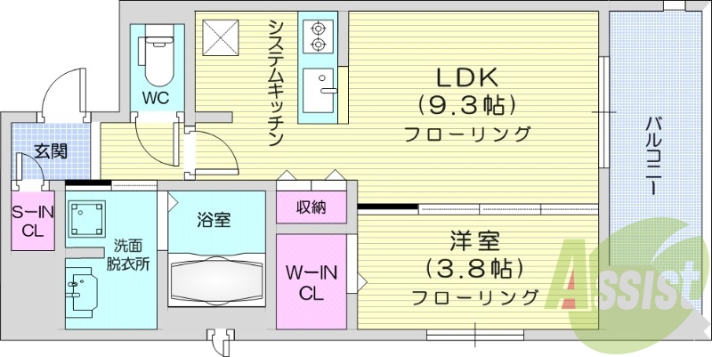 1LDK、ウォークインクローゼット、バルコニー。