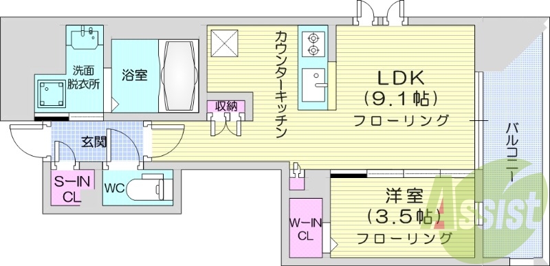 1LDK、ウォークインクローゼット、バルコニー。
