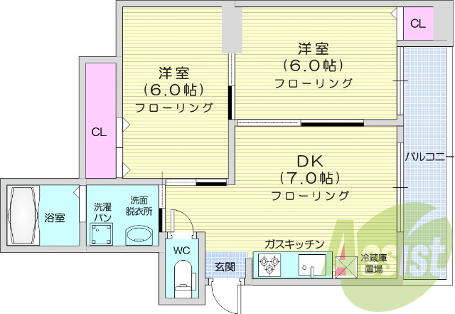 2DK、エアコン、独立洗面台、風呂トイレ別