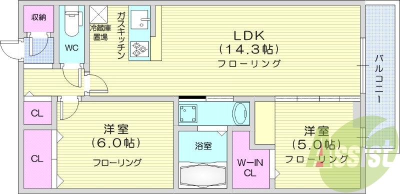 2LDK、エアコン、バストイレ別、インターネット無料