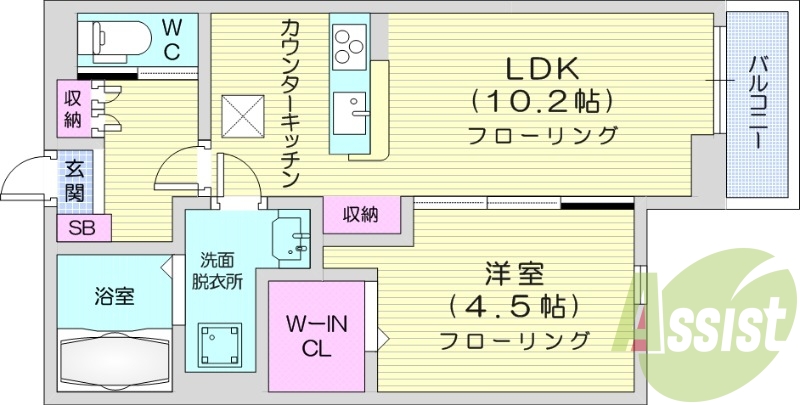 1LDK、IHクッキングヒーター、オートロック。