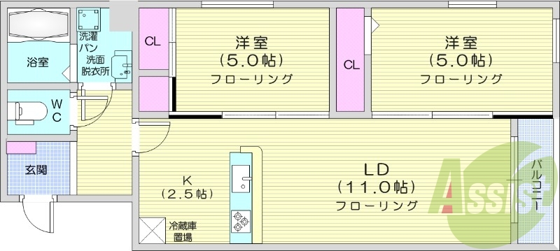 2LDK、エアコン、オートロック、浴室乾燥機