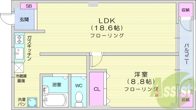 1LDK、フローリング、エアコン、洗濯パン。