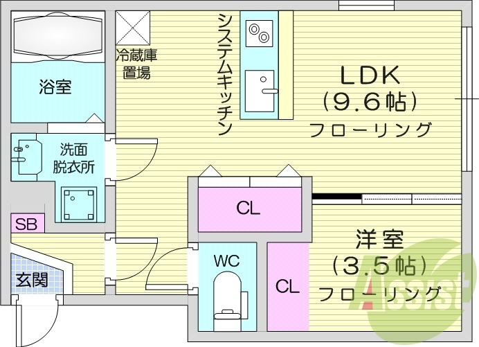 1LDK、オートロック、浴室乾燥、追い焚き、宅配ボックス