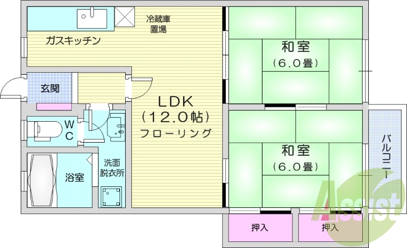 2LDK、独立洗面台、バス・トイレ別、駐車場平置き。