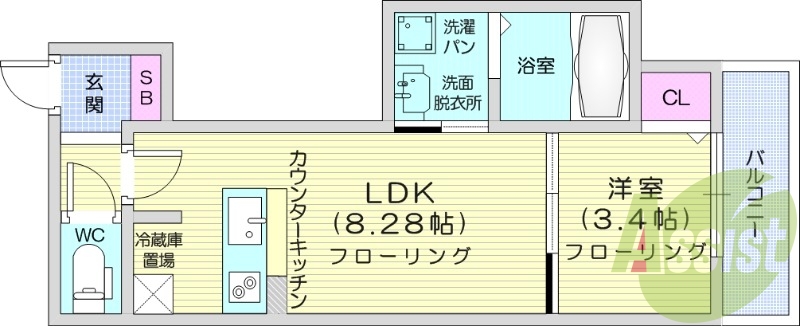 1LDK、都市ガス、浴室乾燥、ネット無料、エアコン