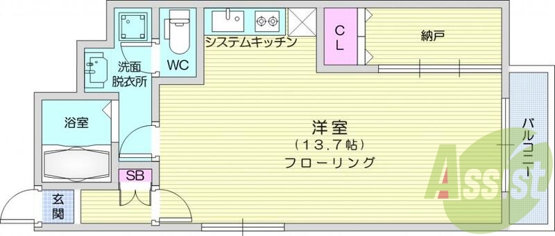 1R+S、オートロック、洗面化粧台、モニター付きインターホン