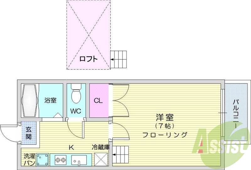 1K、南向き、ロフト、温水洗浄便座、エアコン、バルコニー