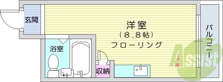1R、家具・家電付き、オートロック、エアコン、バルコニー