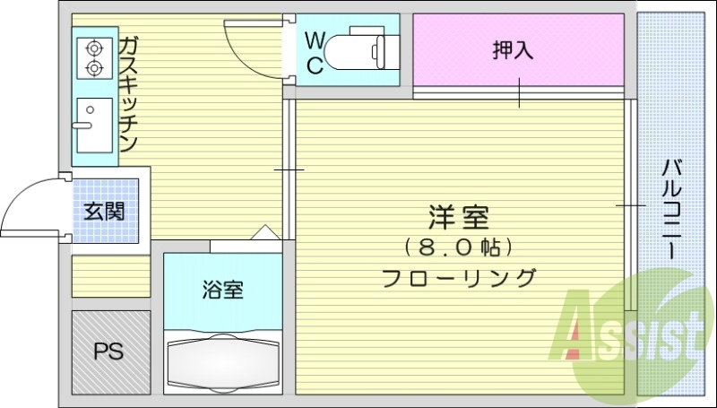 1K、バストイレ別、フローリング、エアコン