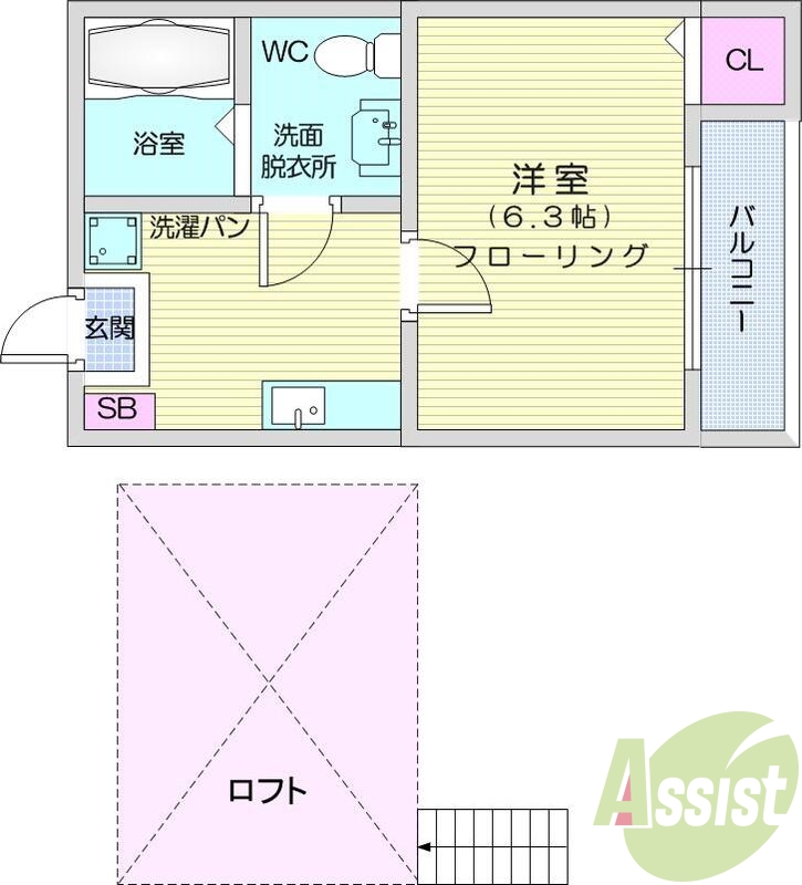 1K、TVモニタ付きインターホン、ロフト付き