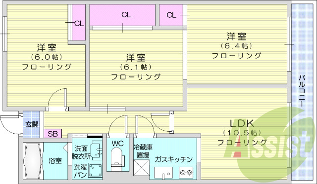 3LDK、バストイレ別、追い炊き機能、モニター付インターホン