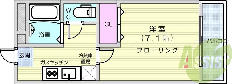 1K、モニター付きインターホン、B・T別、洗面化粧台