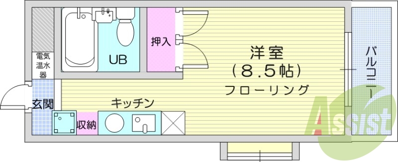 1R、東向き、オール電化、エアコン、バルコニー、IHコンロ