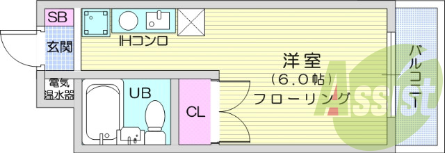 1R、東向き、オール電化、エアコン、バルコニー、IHコンロ