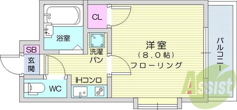 1K、東向き、角部屋、バス・トイレ別、エアコン、バルコニー