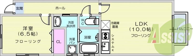 1LDK、南向き、バス・トイレ別、システムキッチン、テラス