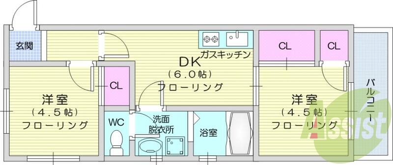 2DK、エレベータ、温水洗浄便座、バルコニー、BS、CS