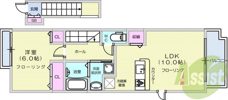 1K、エアコン、モニター付きインターホン、BS端子、追焚機能