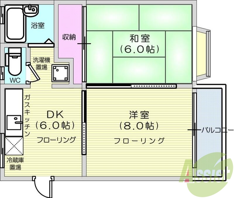 2DK、エアコン、室内洗濯機置場、トイレ浴室別、クローゼット