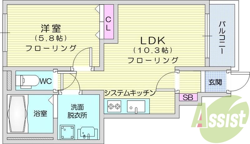 1LDK、浴室乾燥機、システムキッチン、モニタ付インターホン