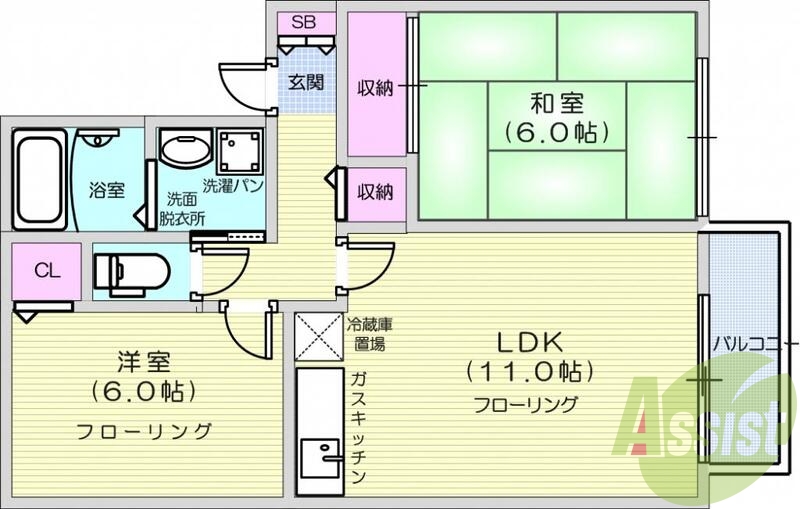 2LDK、クローゼット、給湯、バルコニー、シューズボックス