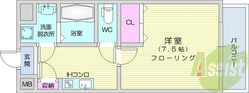 1K、東向き、バス・トイレ別、エアコン、オートロック