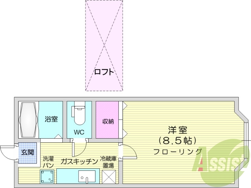 1K、バストイレ別、ロフト、室内洗濯機置場