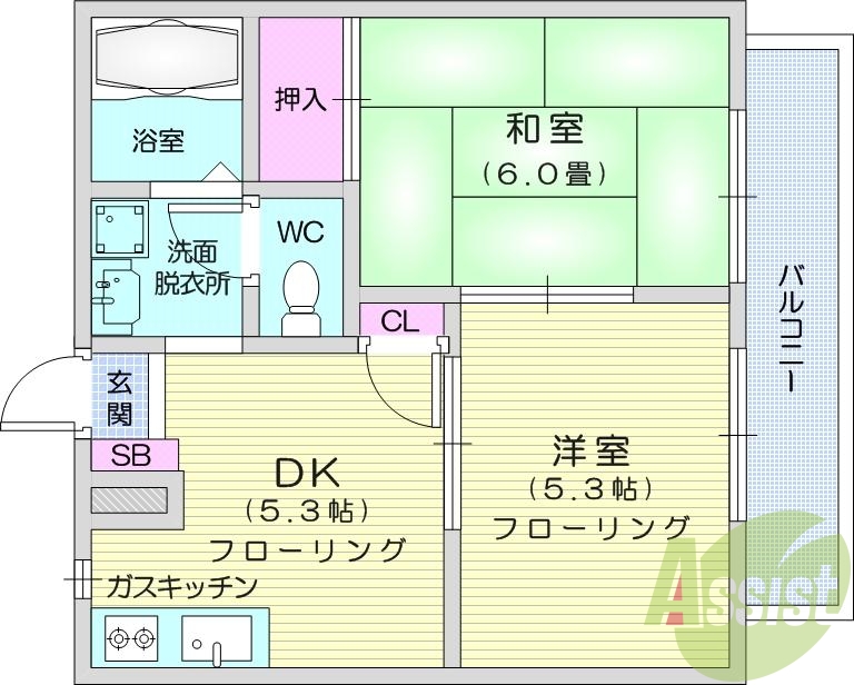 2DK、エアコン、トランクルーム、バストイレ別、バルコニー