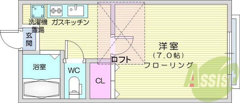 １Ｋ、ロフト、バストイレ別、エアコン、インターホン