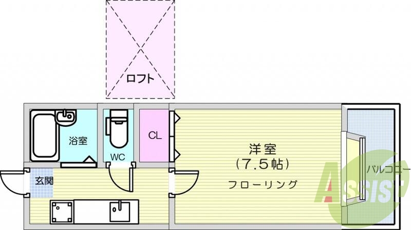 1K、ロフト、エアコン、フローリング、バストイレ別