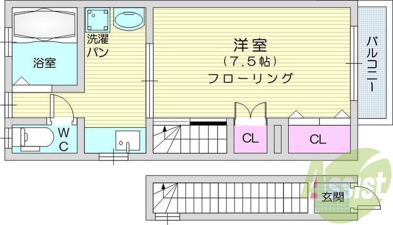 1K、室内洗濯機置場、トイレ浴室別、エアコン、クローゼット