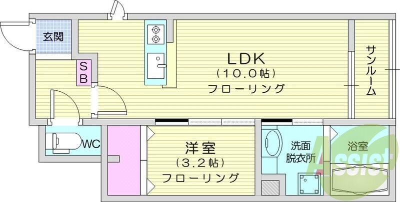 1LDK、追炊、物置、独立洗面台、都市ガス、システムキッチン