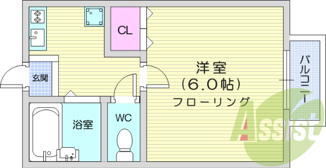1Ｋ、エアコン、室内洗濯機置場、トイレ浴室別、クローゼット