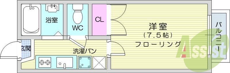 1Ｋ、エアコン、室内洗濯機置場、トイレ浴室別、クローゼット