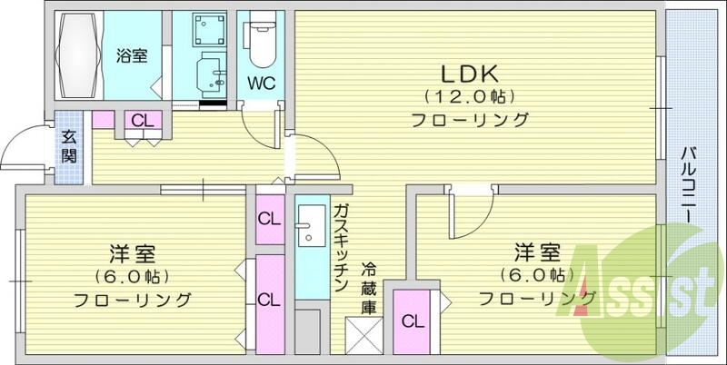 2LDK、角部屋、モニター付きインターホン、追い焚き機能