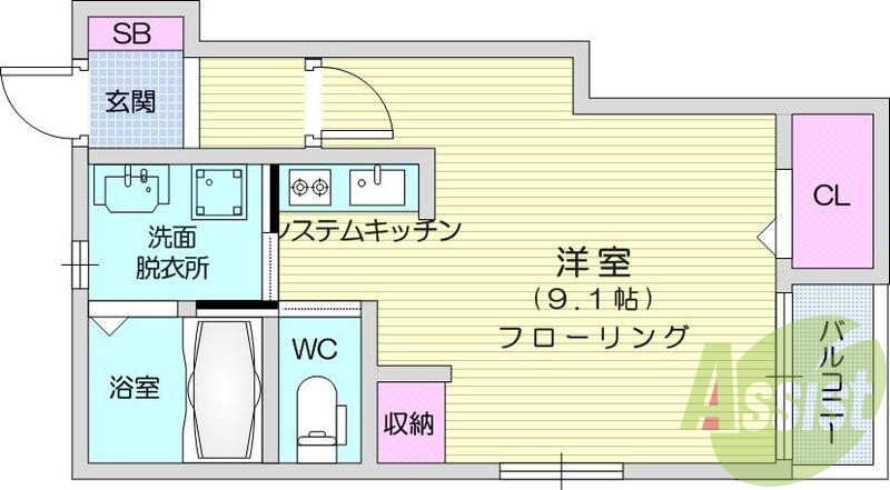 1Ｒ、洋室9.1帖、エアコン、ウォシュレット、宅配ボックス