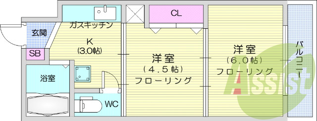 2K、都市ガス、エアコン、シューズボックス、フローリング